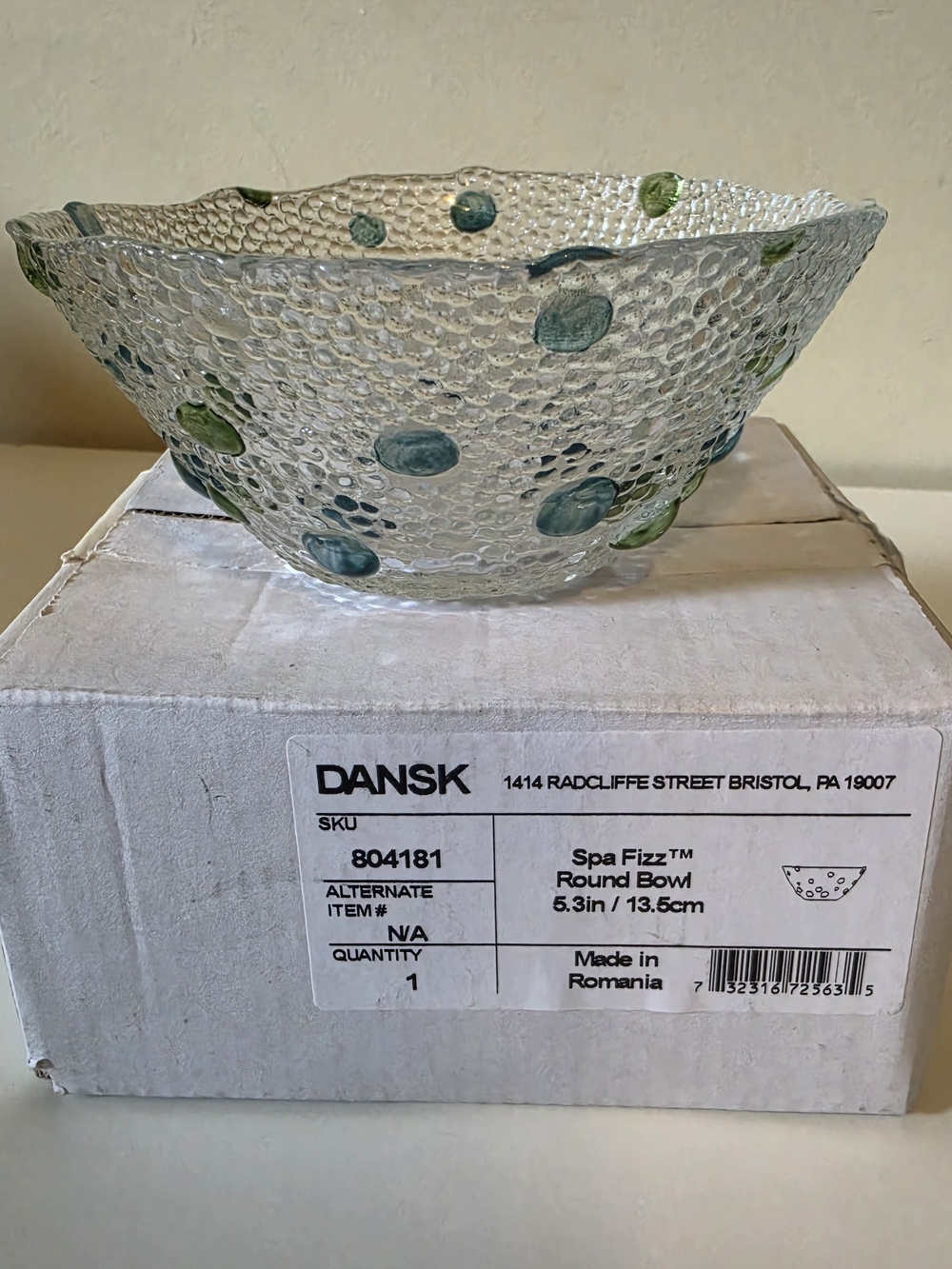 DANSK Spa Fizz Textured Glass Bowl with Blue & Green Dots